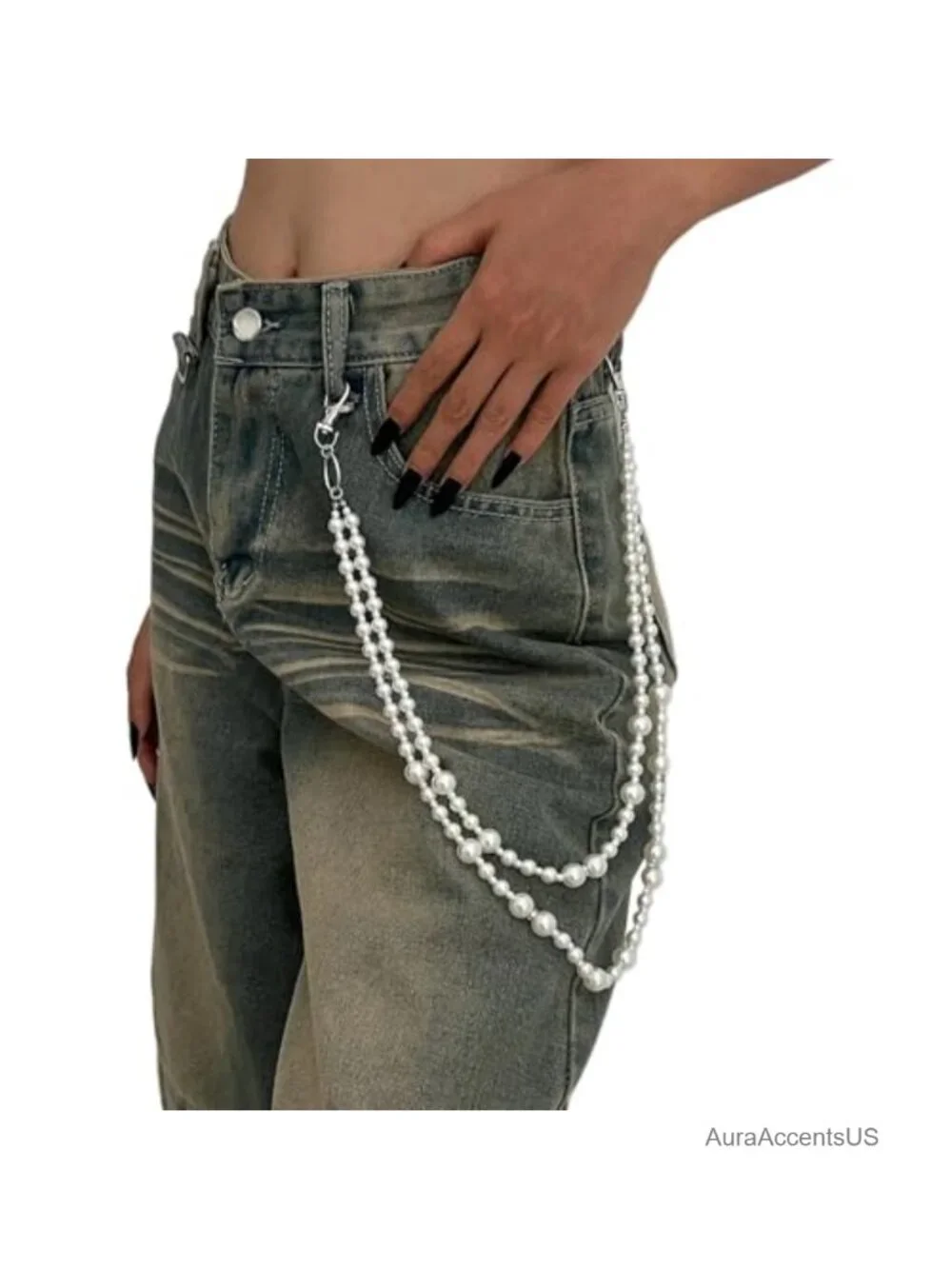 White Pearl Layers Rhinestone Chain Wallet Pants Chain for Men Women